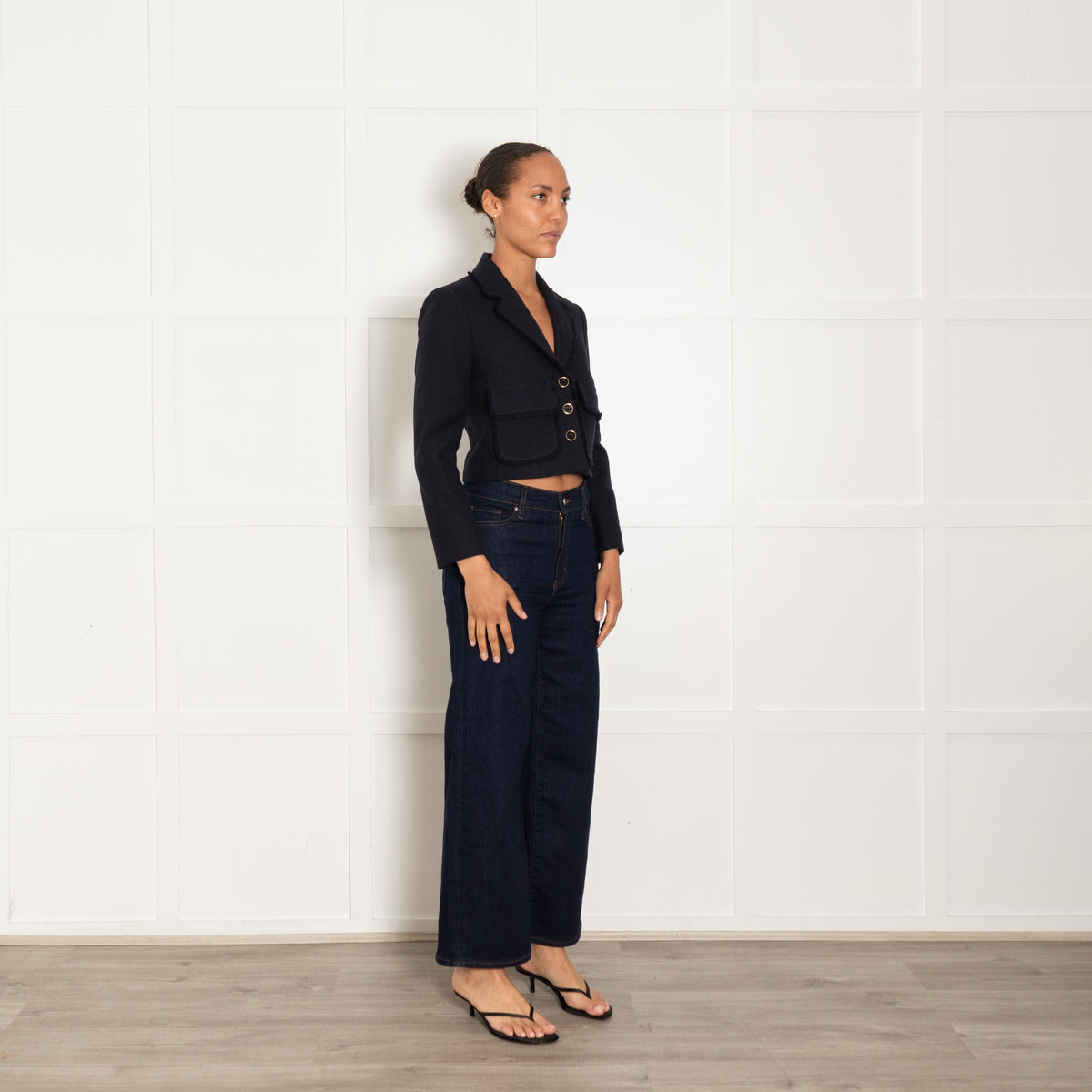Me + Em Navy Cotton Blend Fringe Trim Cropped Jacket