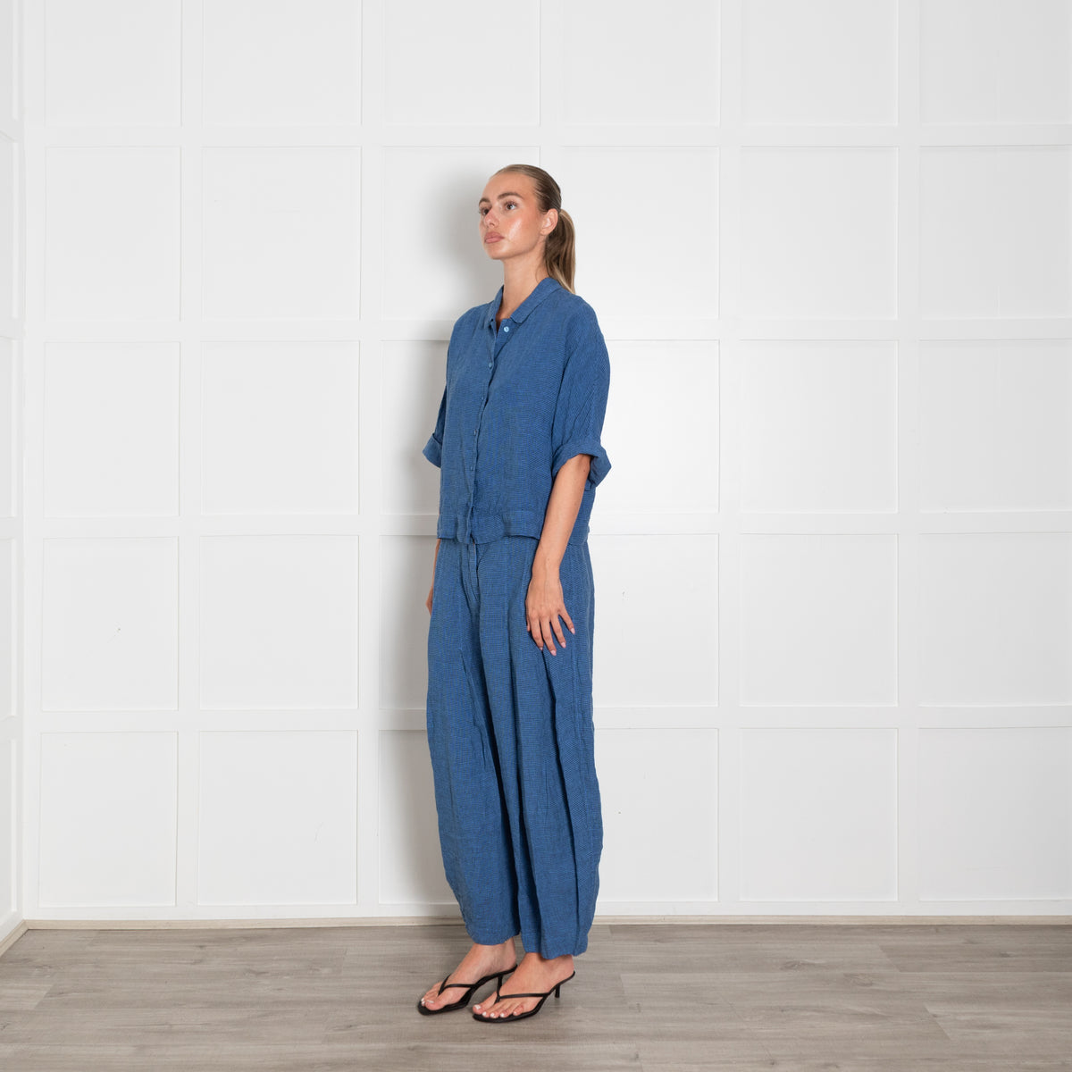 Oska Blue Black Check Linen Top