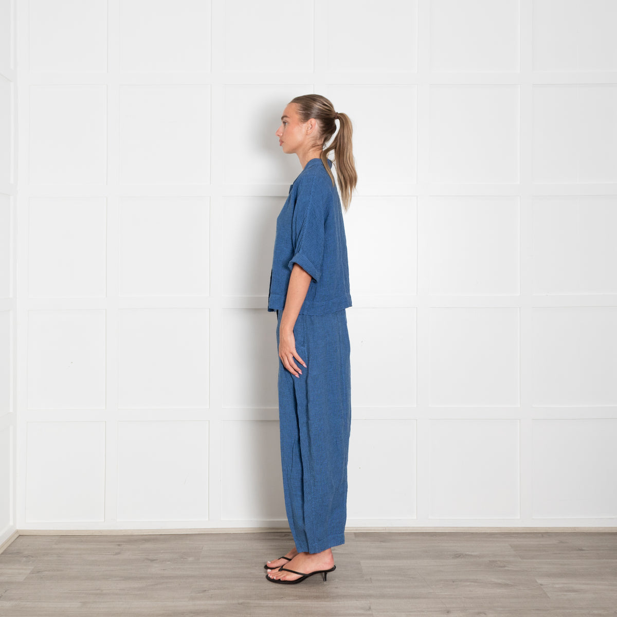 Oska Blue Black Check Linen Top