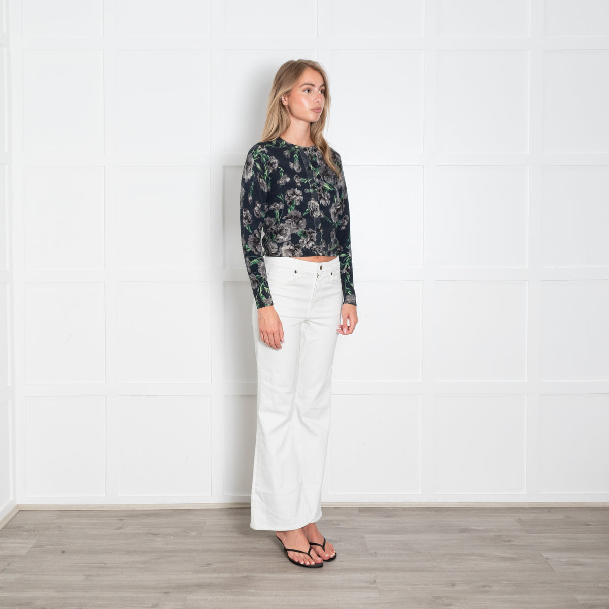 Samantha Sung Navy and Grey Floral Short Cardigan