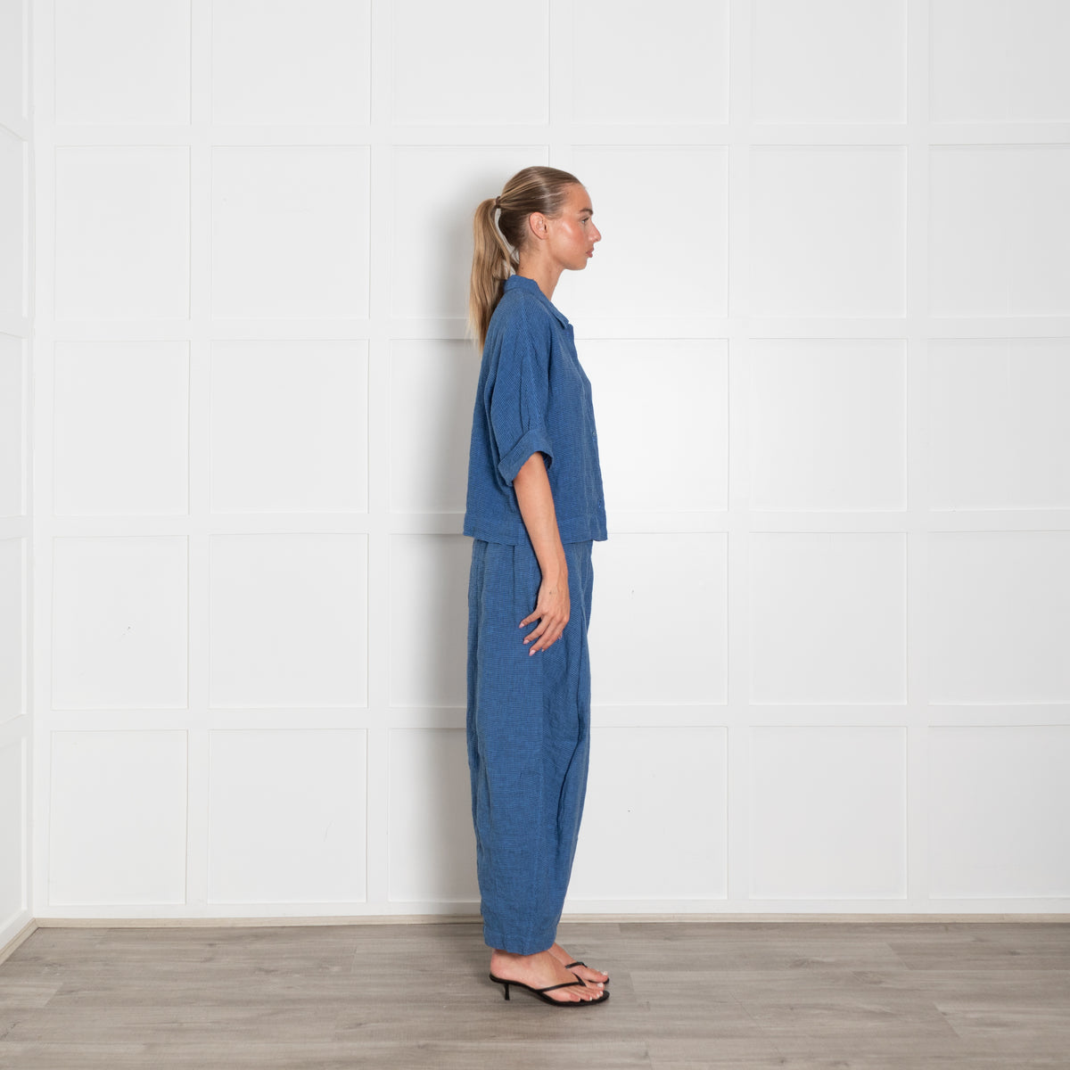 Oska Blue Black Check Linen Top