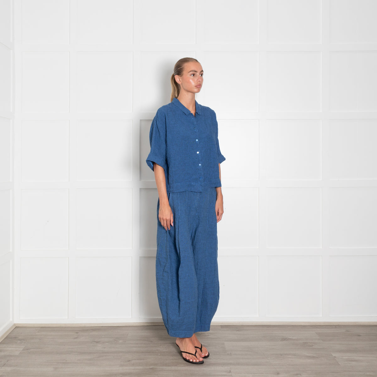 Oska Blue Black Check Linen Top