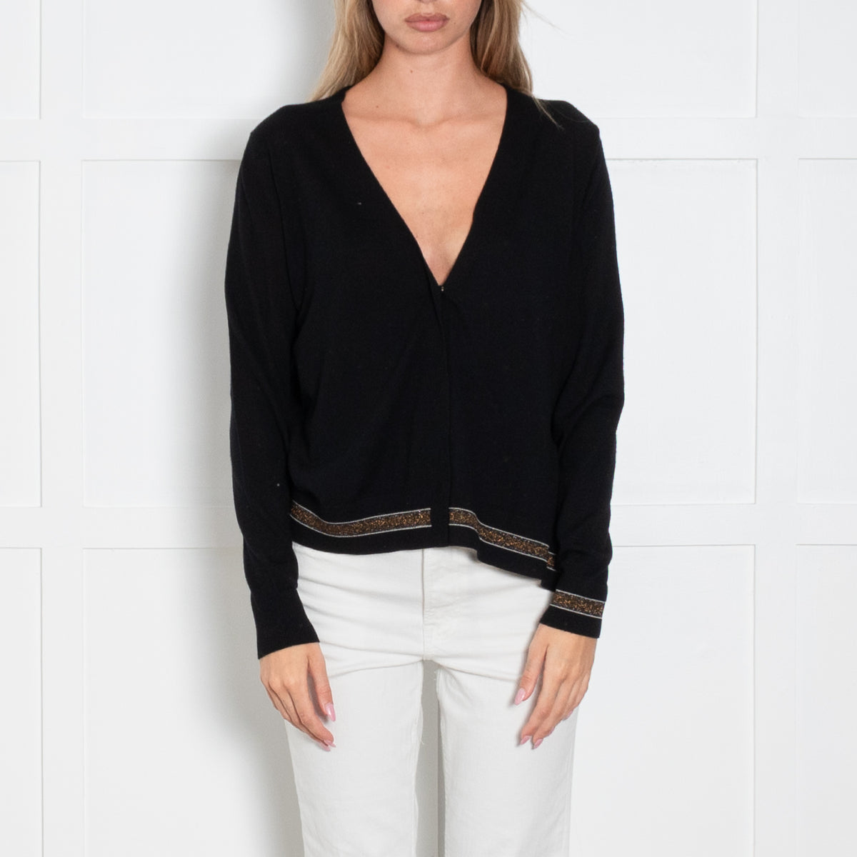 Dorothee Schumacher Black Fine Knit Boxy Cardigan with Lurex Hem