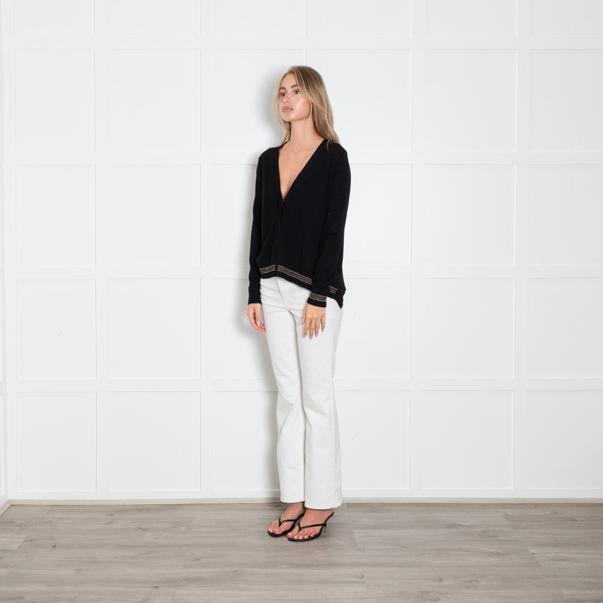 Dorothee Schumacher Black Fine Knit Boxy Cardigan with Lurex Hem