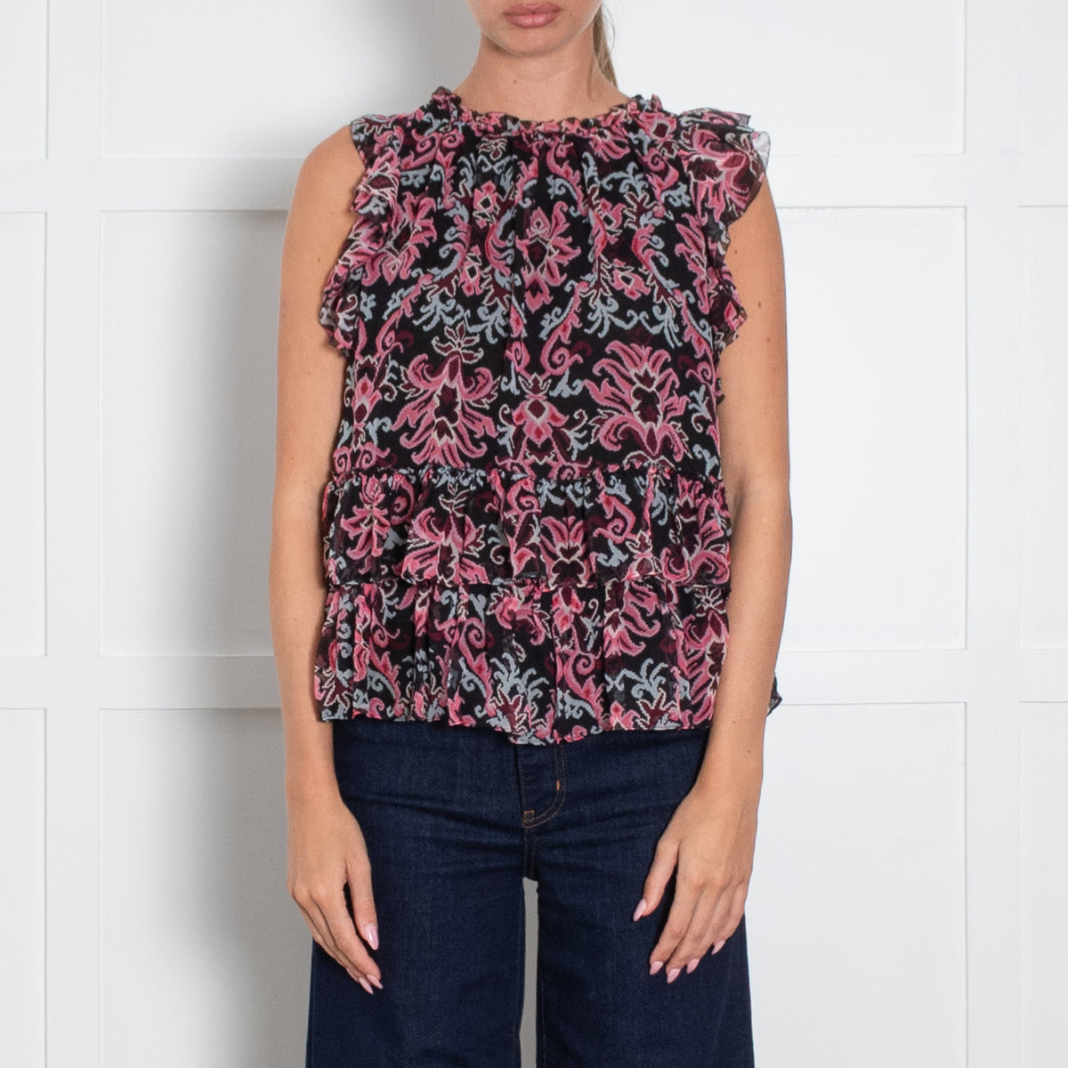Kate Spade Black Pink Blue Silk Print Sleeveless Ruffle Detail Top
