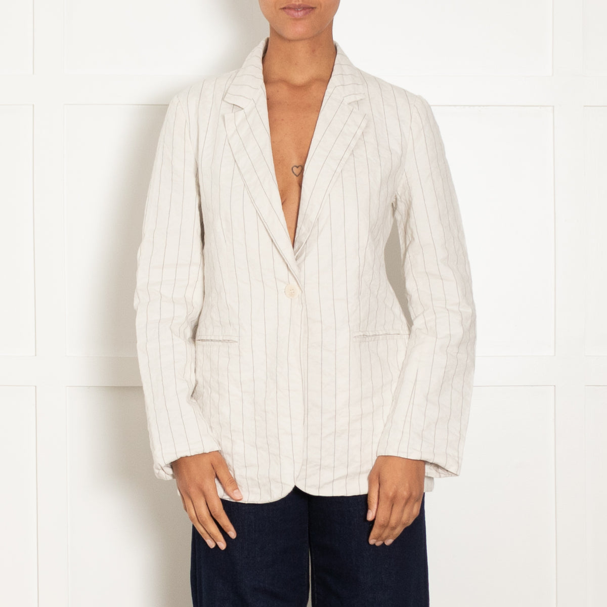 Ottod'Ame Cream Black Crinkle Cotton Blend Pinstripe Jacket