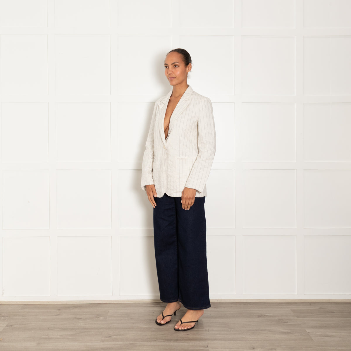Ottod'Ame Cream Black Crinkle Cotton Blend Pinstripe Jacket