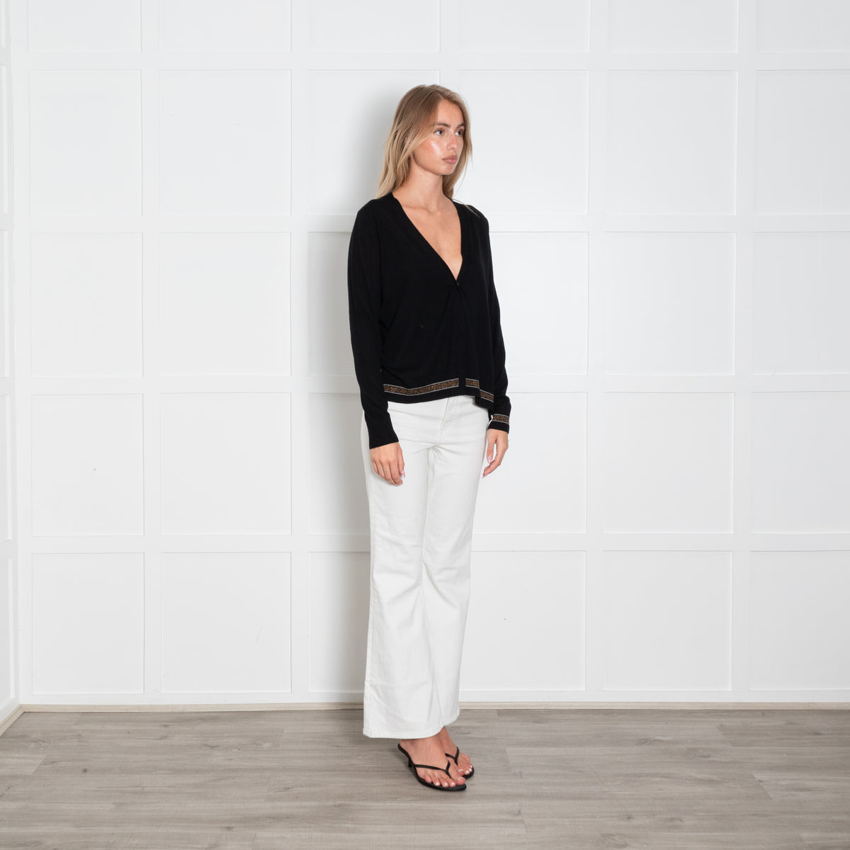 Dorothee Schumacher Black Fine Knit Boxy Cardigan with Lurex Hem