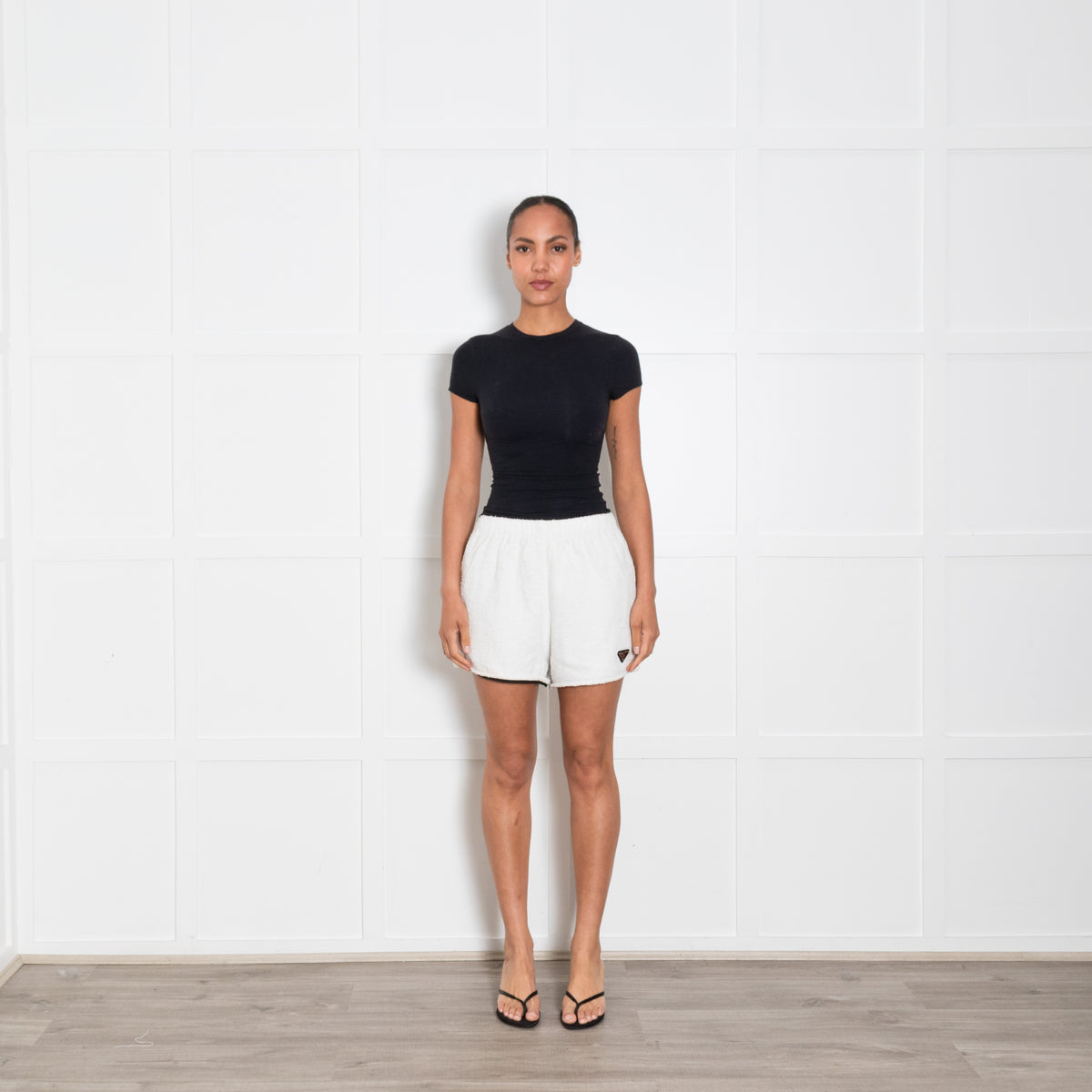 Prada White Towelling Shorts with Logo Plaque