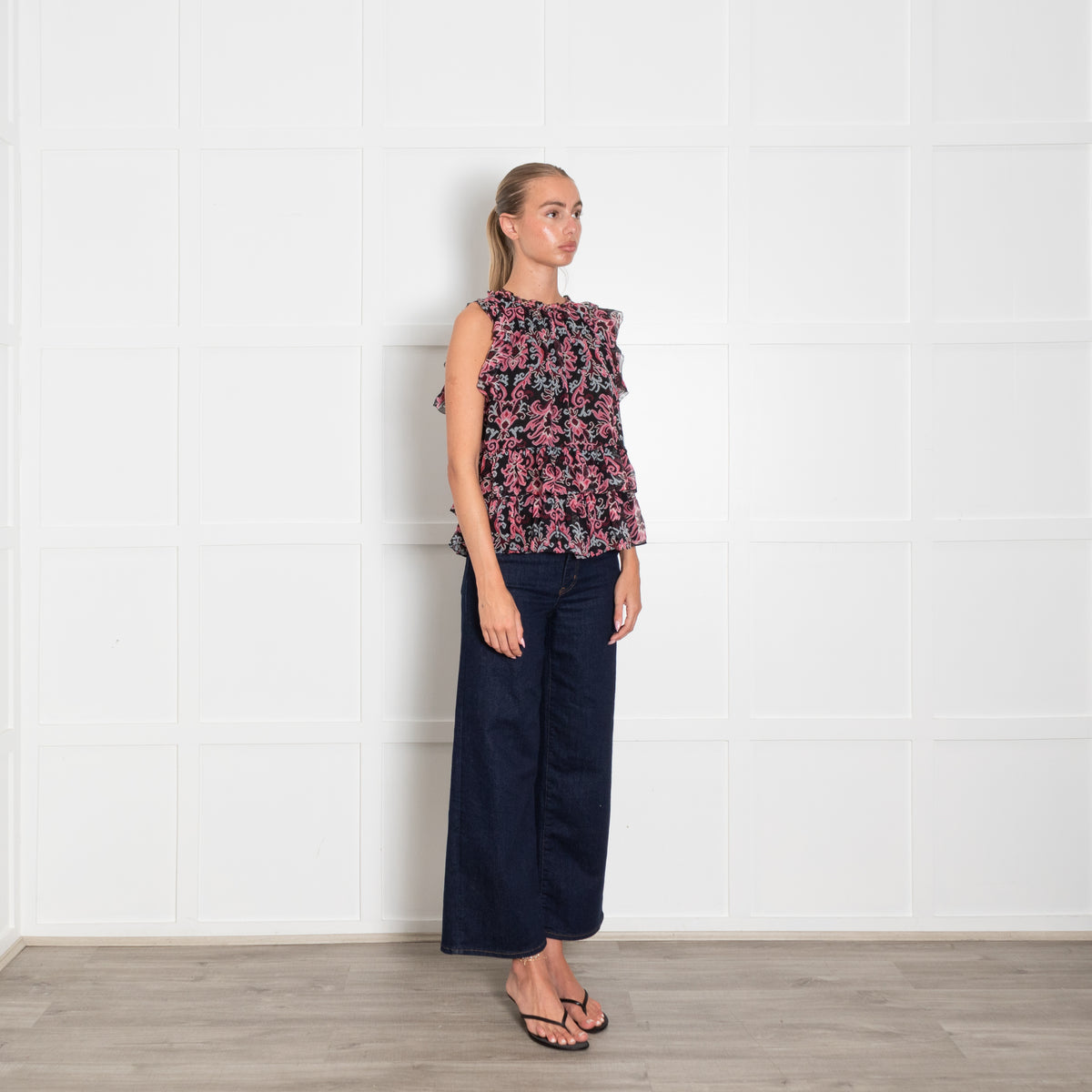 Kate Spade Black Pink Blue Silk Print Sleeveless Ruffle Detail Top