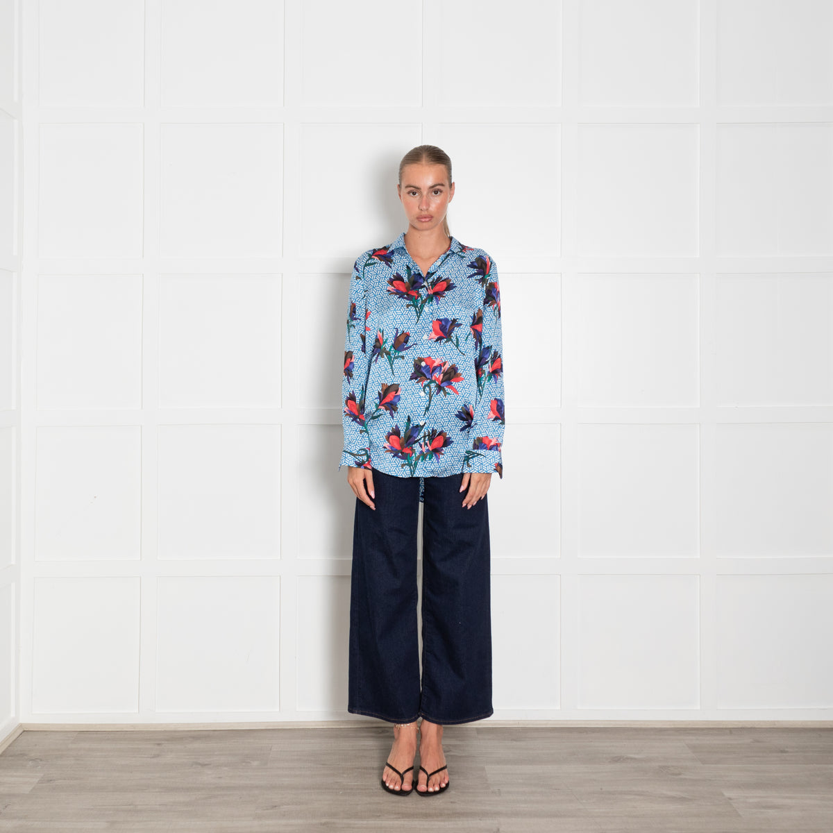 Equipment Blue White Red Geometric Floral Print Silk Blouse