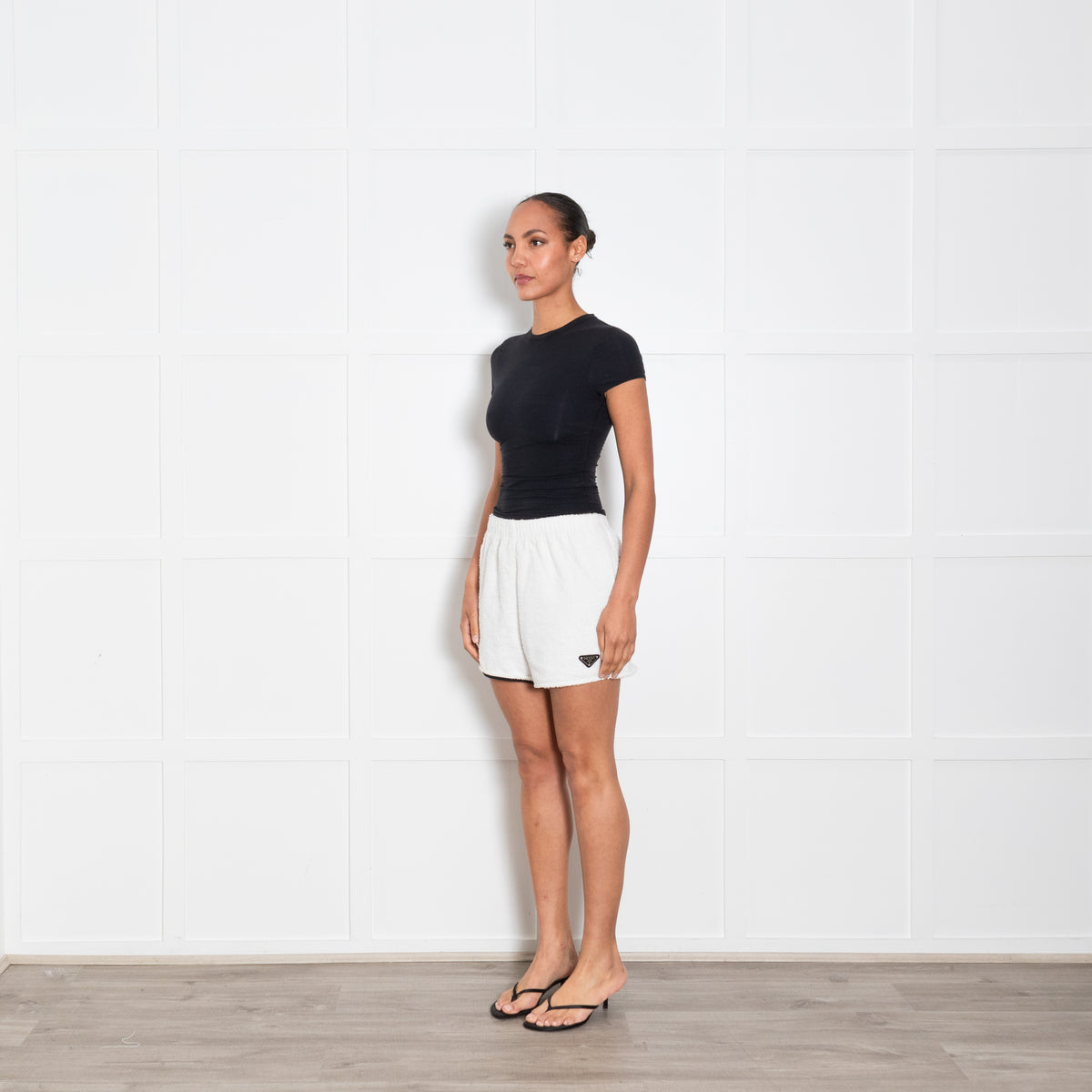 Prada White Towelling Shorts with Logo Plaque