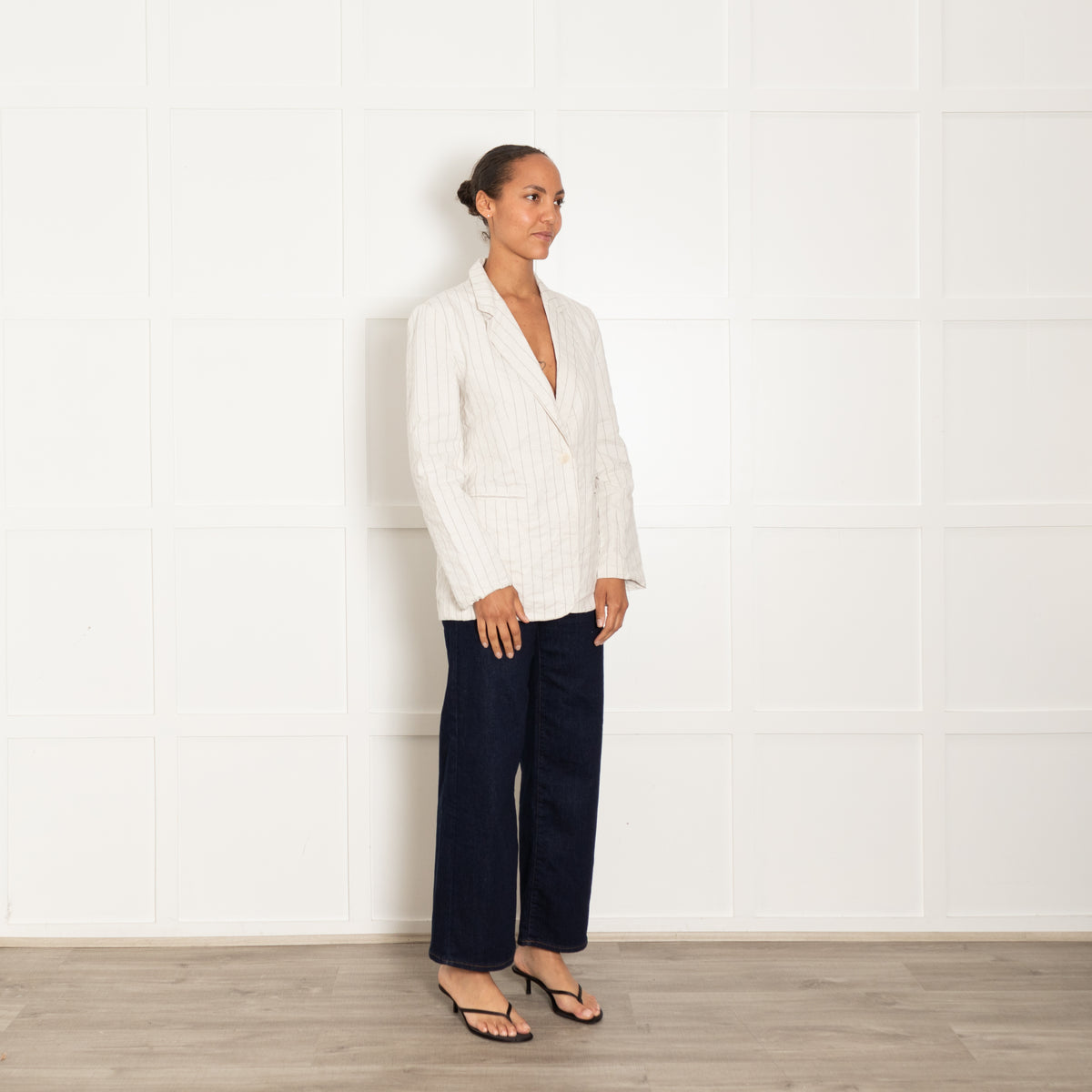 Ottod'Ame Cream Black Crinkle Cotton Blend Pinstripe Jacket