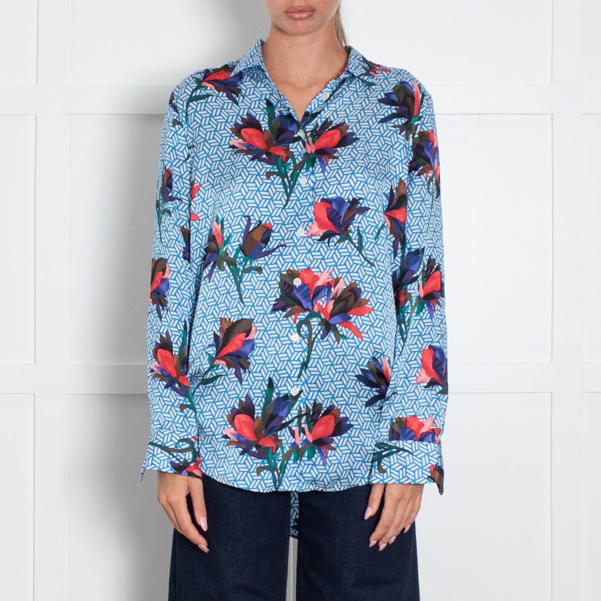 Equipment Blue White Red Geometric Floral Print Silk Blouse
