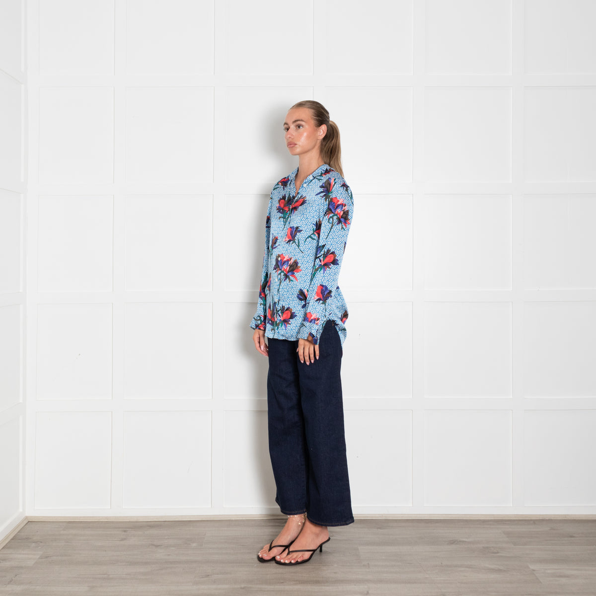 Equipment Blue White Red Geometric Floral Print Silk Blouse