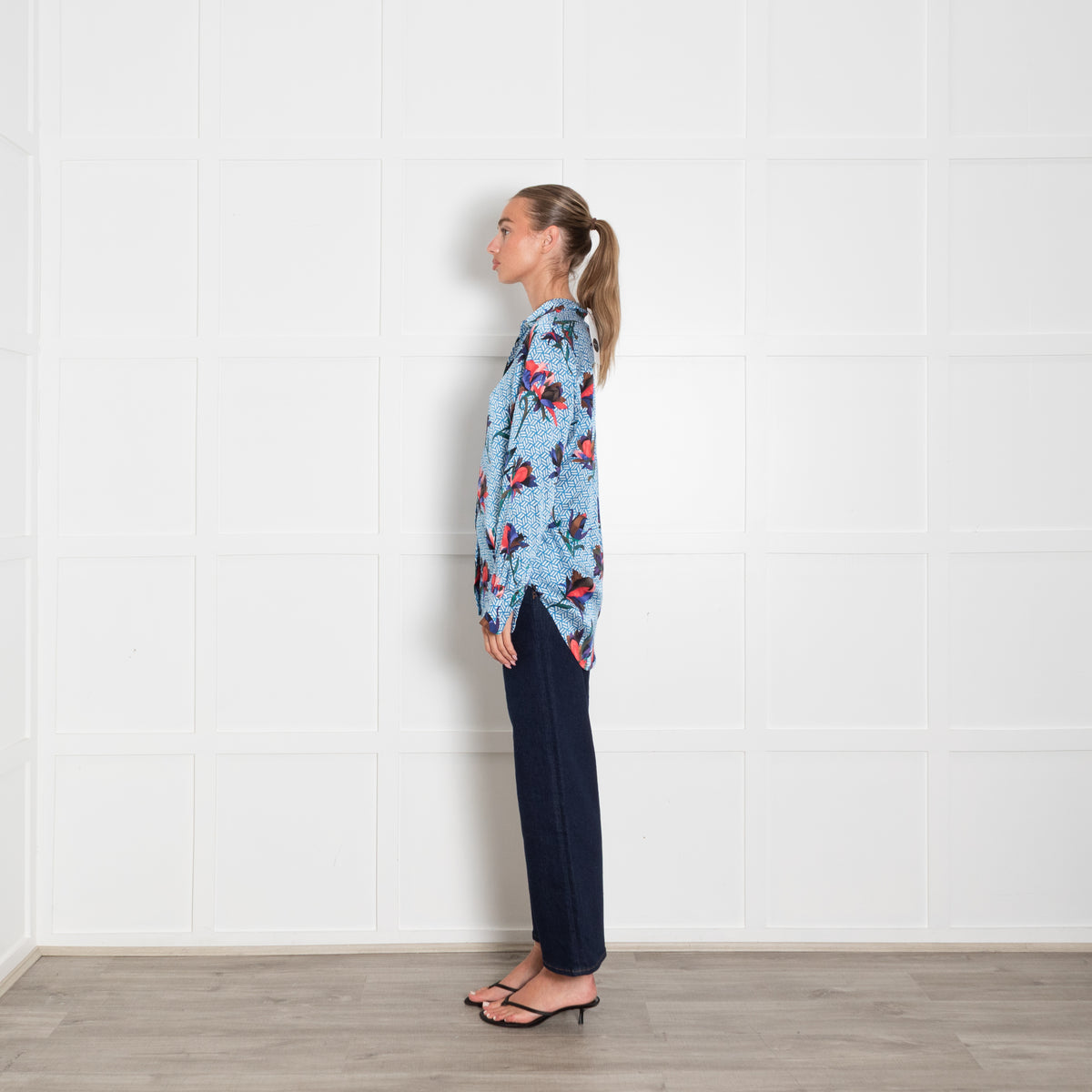Equipment Blue White Red Geometric Floral Print Silk Blouse
