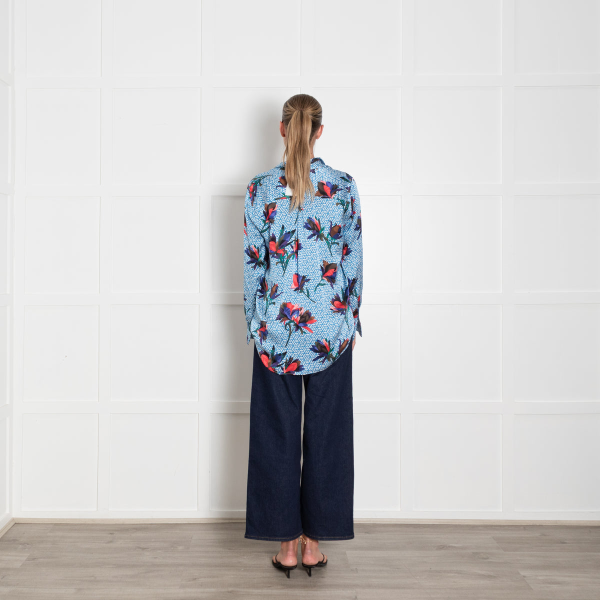 Equipment Blue White Red Geometric Floral Print Silk Blouse