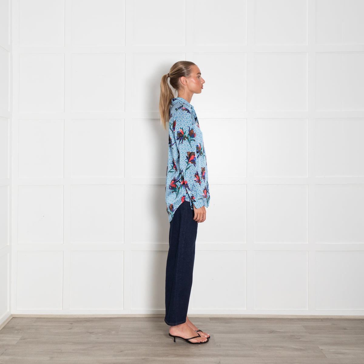 Equipment Blue White Red Geometric Floral Print Silk Blouse