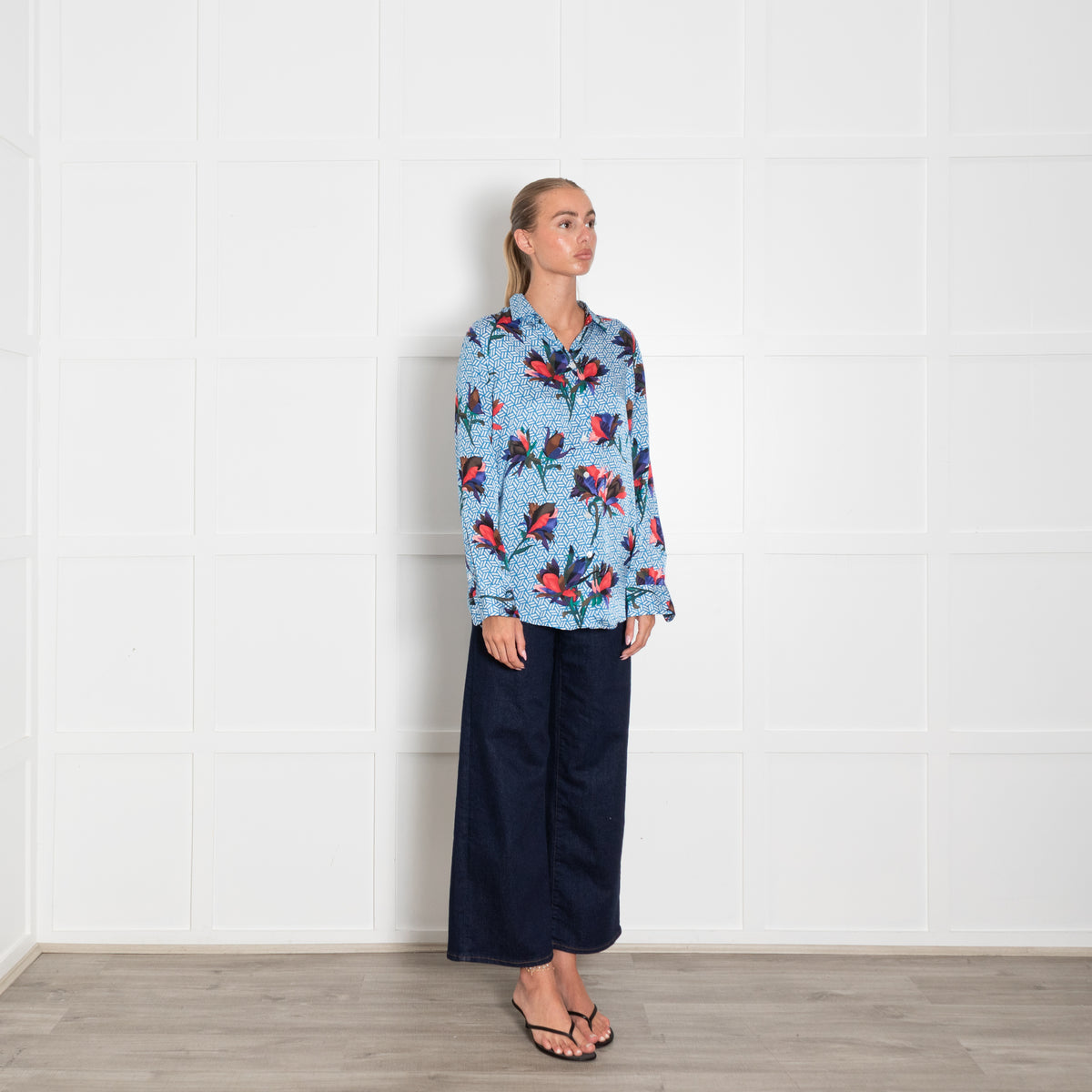 Equipment Blue White Red Geometric Floral Print Silk Blouse