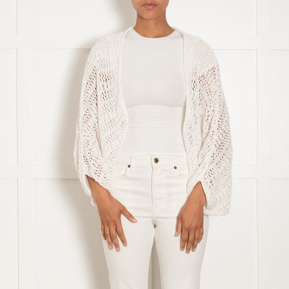 P.A.R.O.S.H. White Loose Crochet Knit Open Cardigan