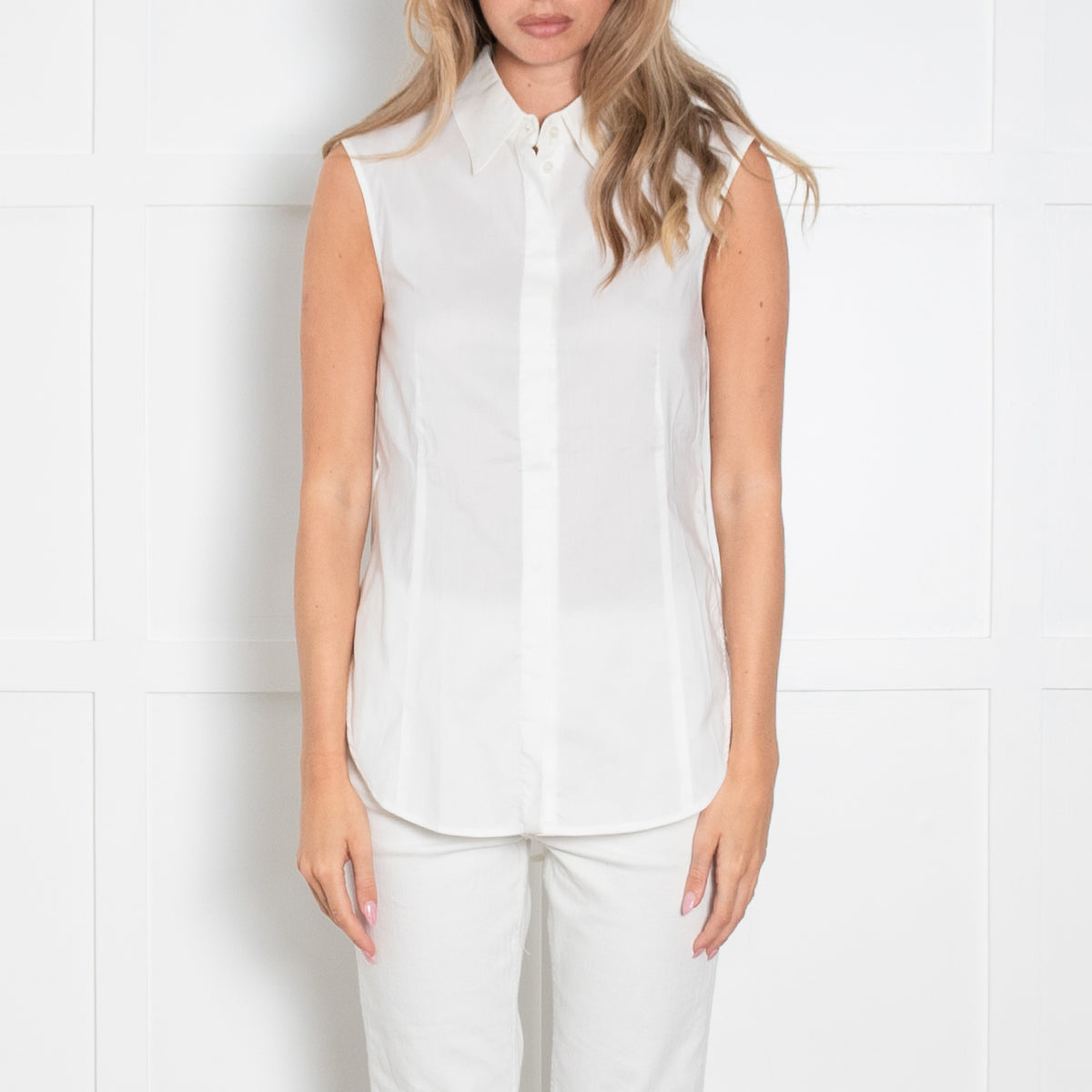 Strenesse White Cotton Sleeveless Collared Shirt