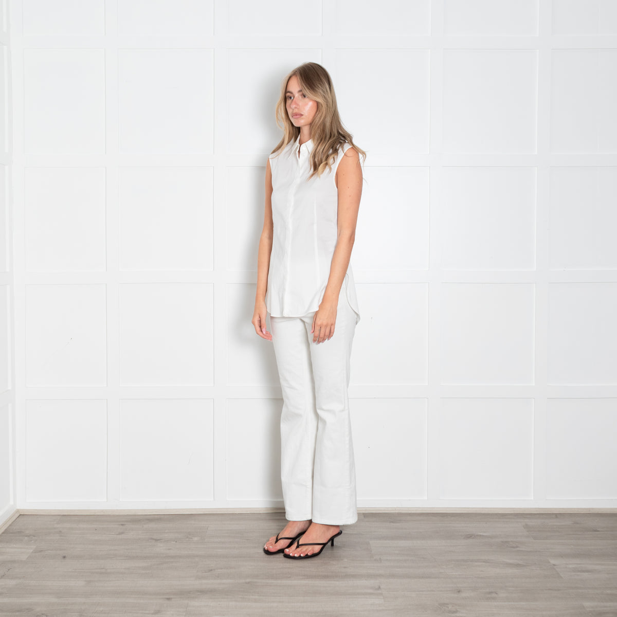 Strenesse White Cotton Sleeveless Collared Shirt