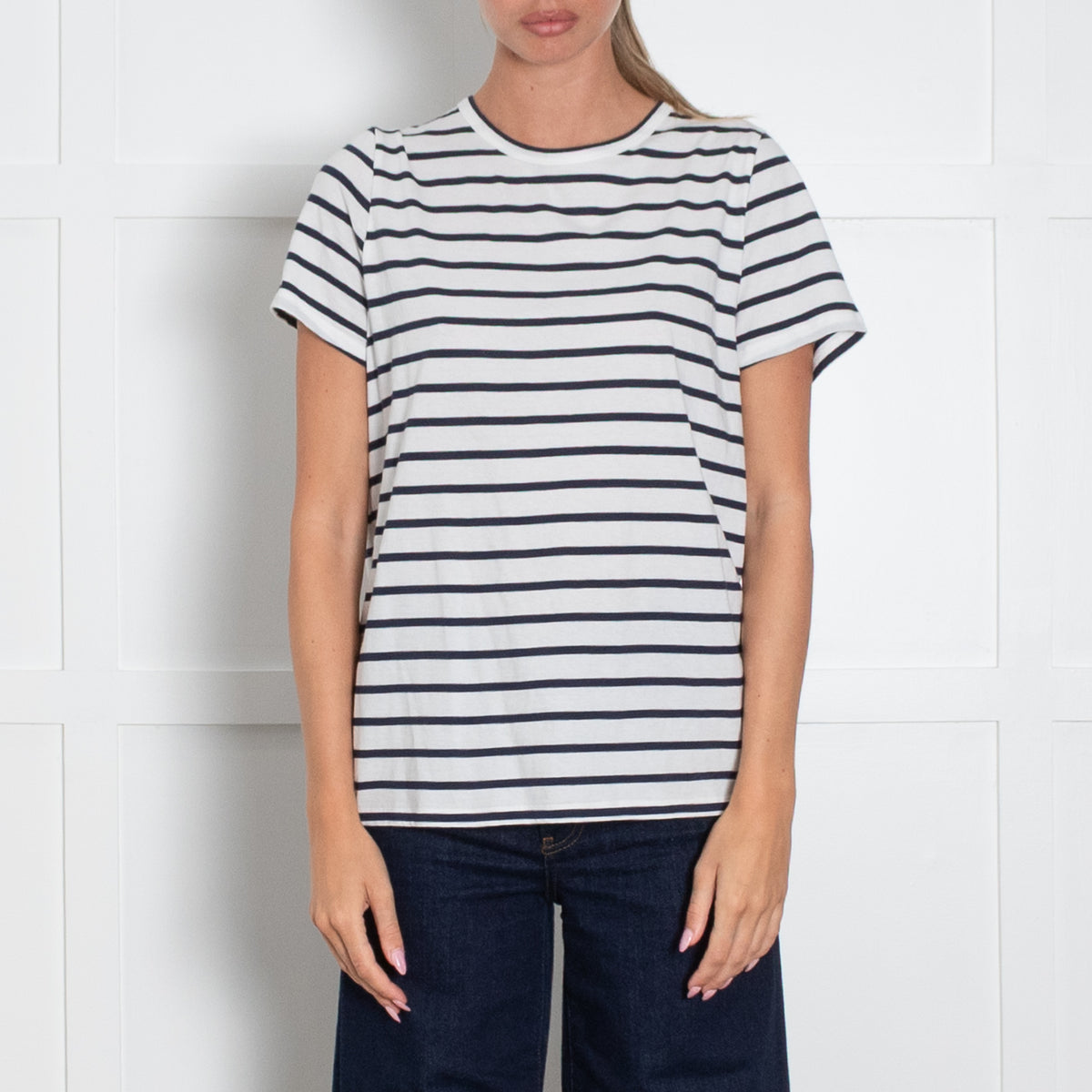 Allude White Navy Stripes T Shirt