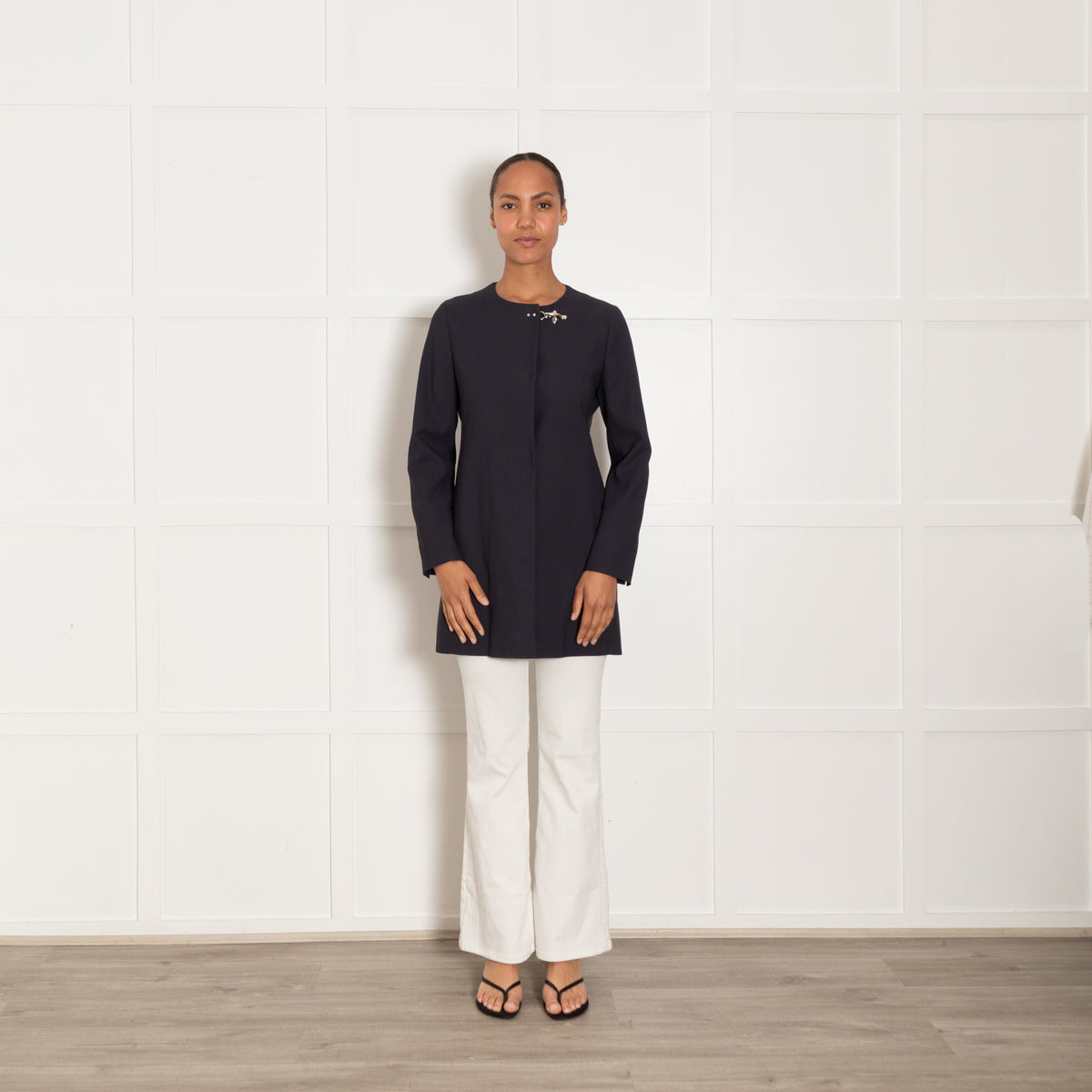 Fay Navy Collarless Jacket with Silver Toggle Neck