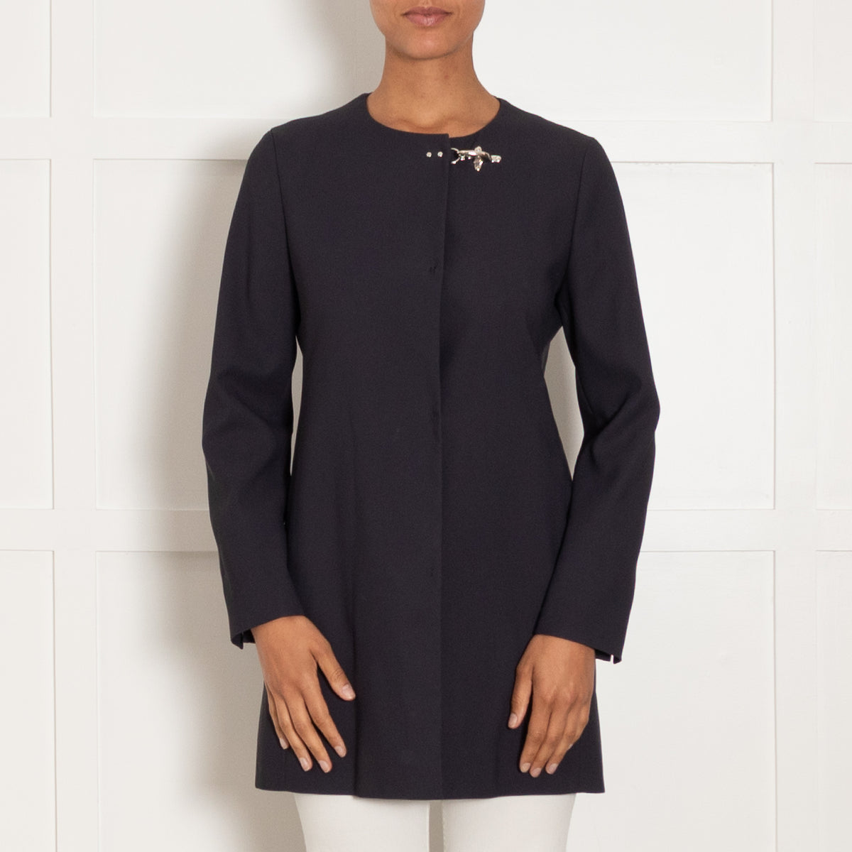 Fay Navy Collarless Jacket with Silver Toggle Neck