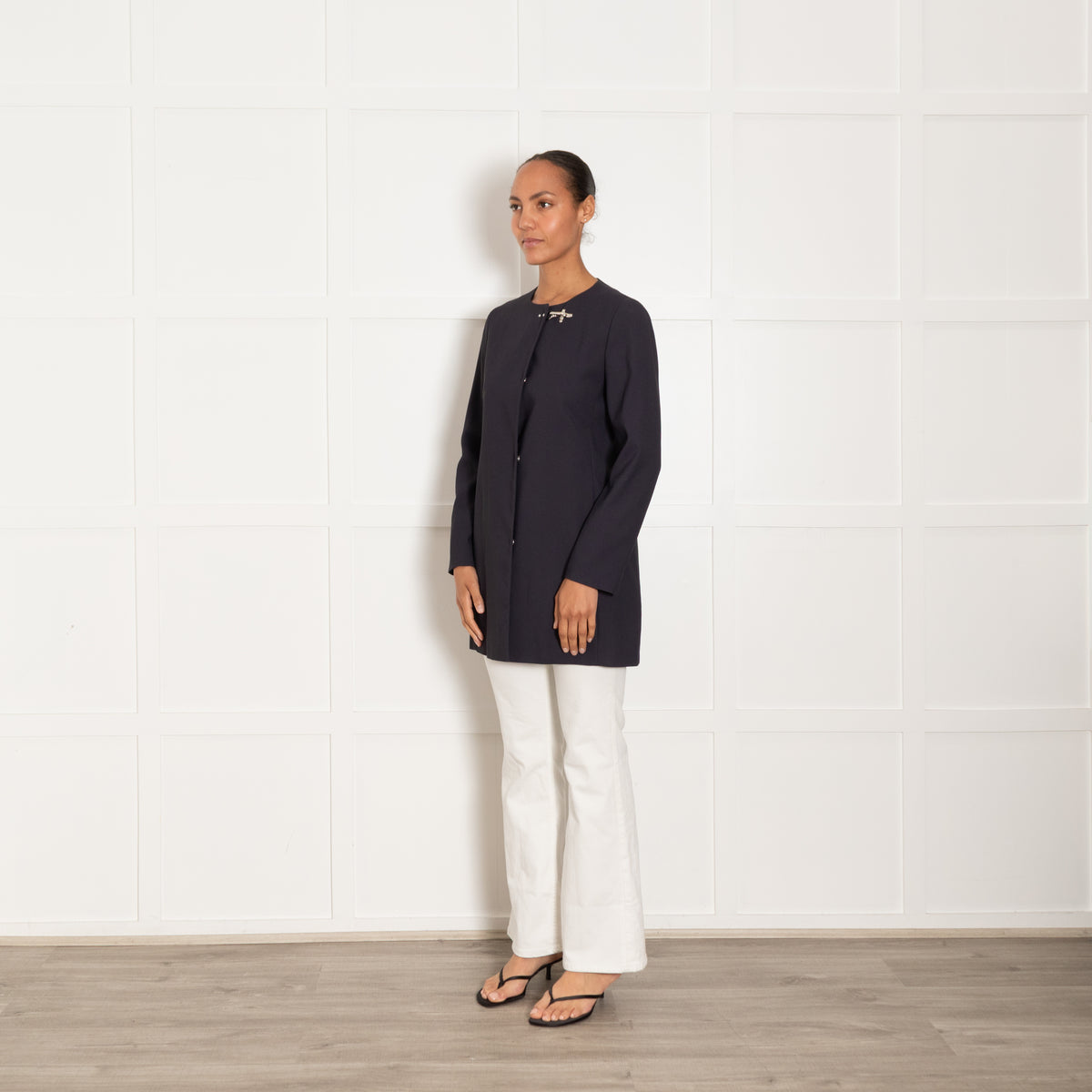 Fay Navy Collarless Jacket with Silver Toggle Neck