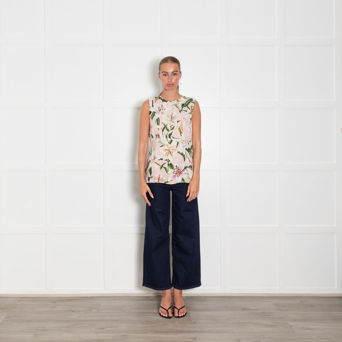 Dolce & Gabbana Pink Cream Green Lily Print Sleeveless Top