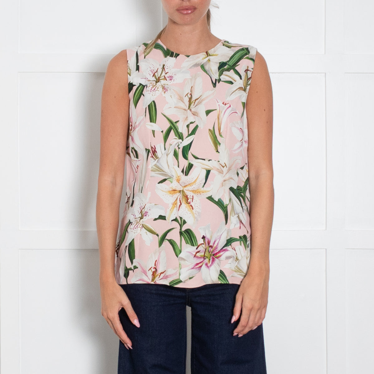 Dolce & Gabbana Pink Cream Green Lily Print Sleeveless Top