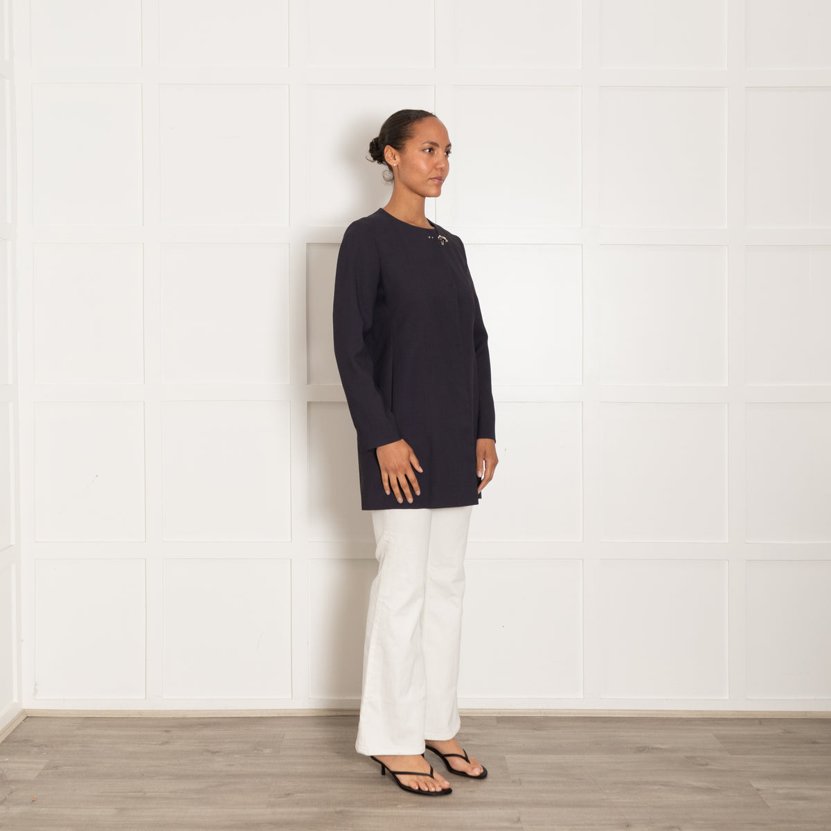 Fay Navy Collarless Jacket with Silver Toggle Neck