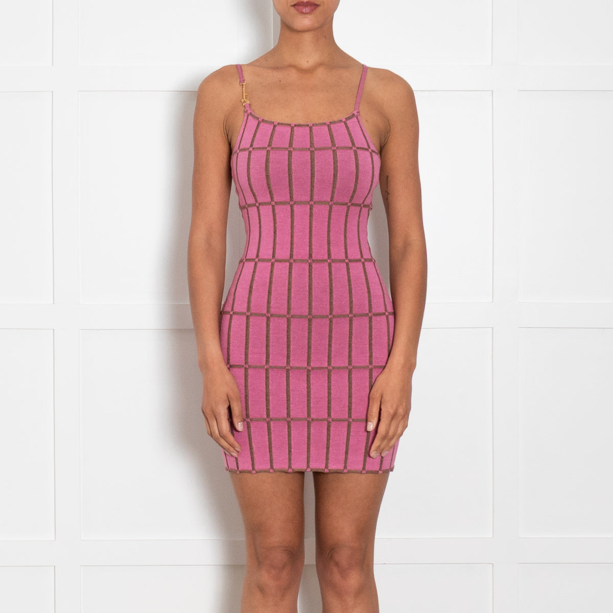 Jacquemus Pink and Tan Knitted Dress with Spaghetti Straps
