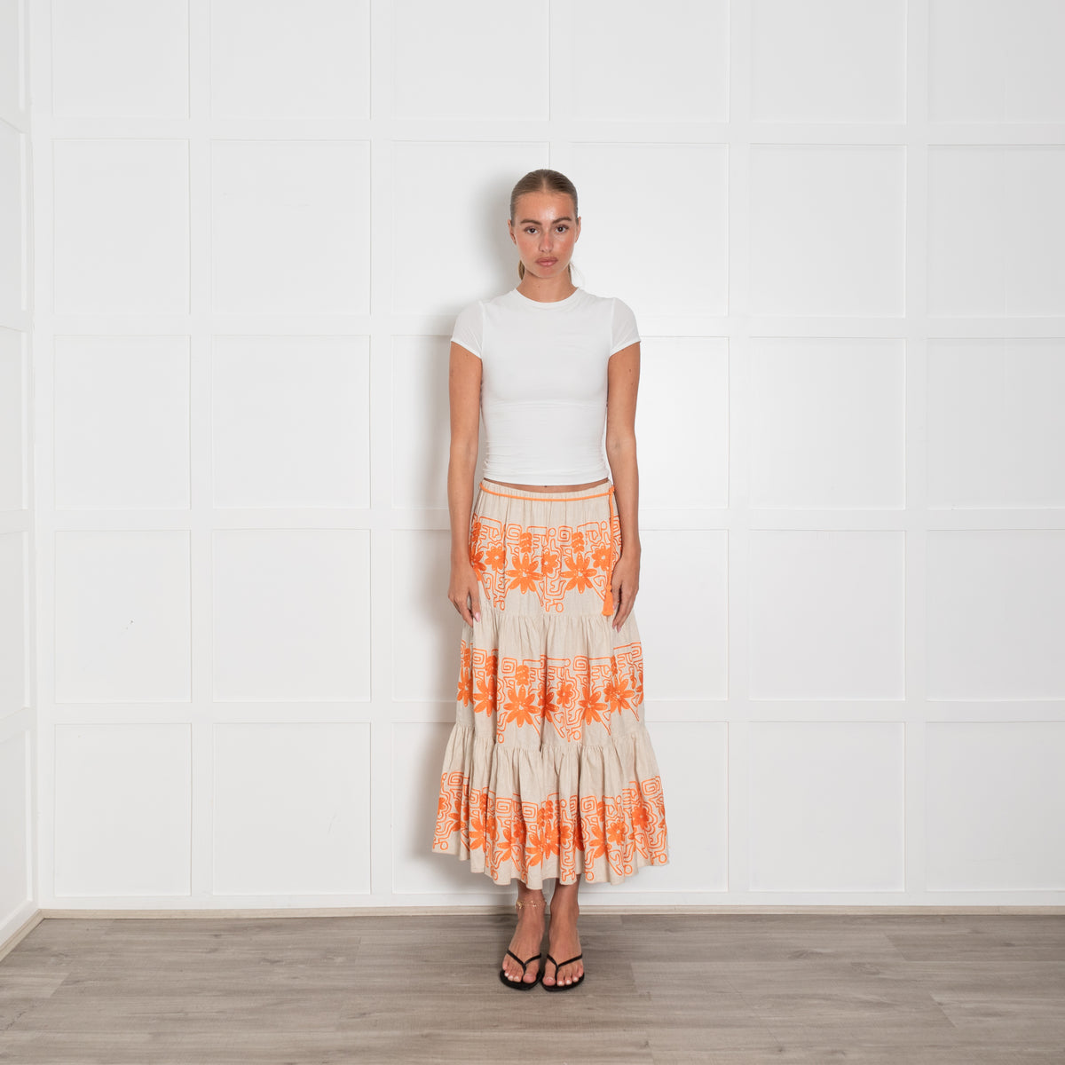 Maje Beige Orange Flower Embroidery Tiered Maxi Skirt