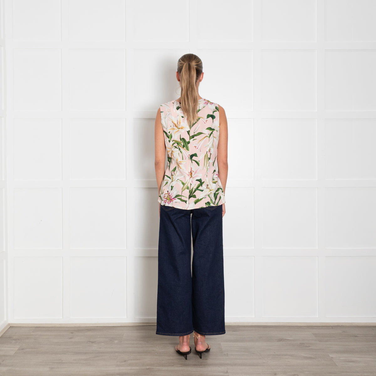 Dolce & Gabbana Pink Cream Green Lily Print Sleeveless Top