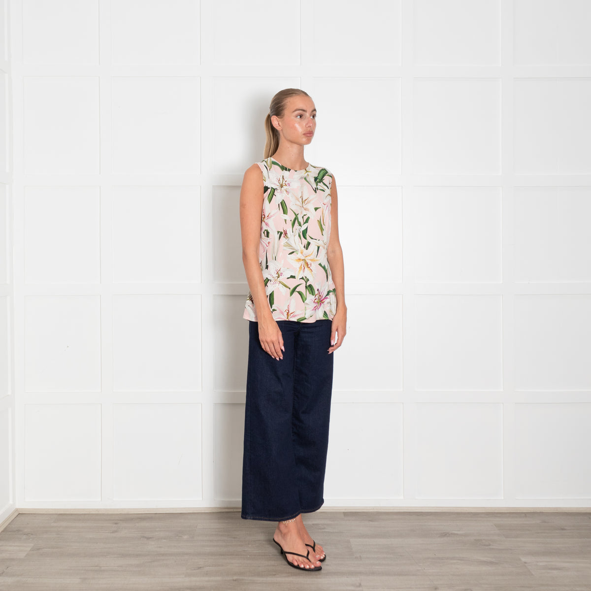 Dolce & Gabbana Pink Cream Green Lily Print Sleeveless Top