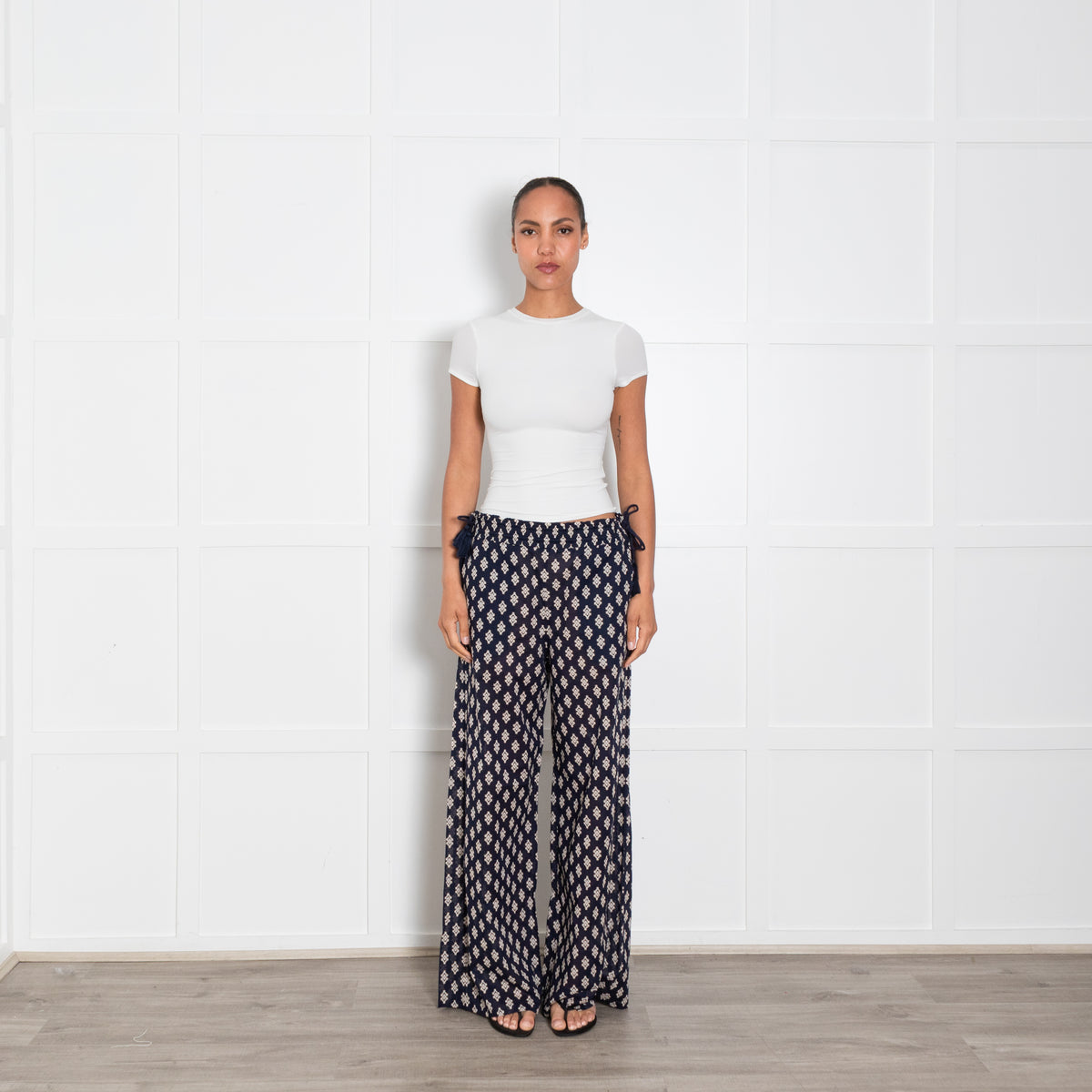 Tory Burch Navy Patterned Drawstring Waist Trousers
