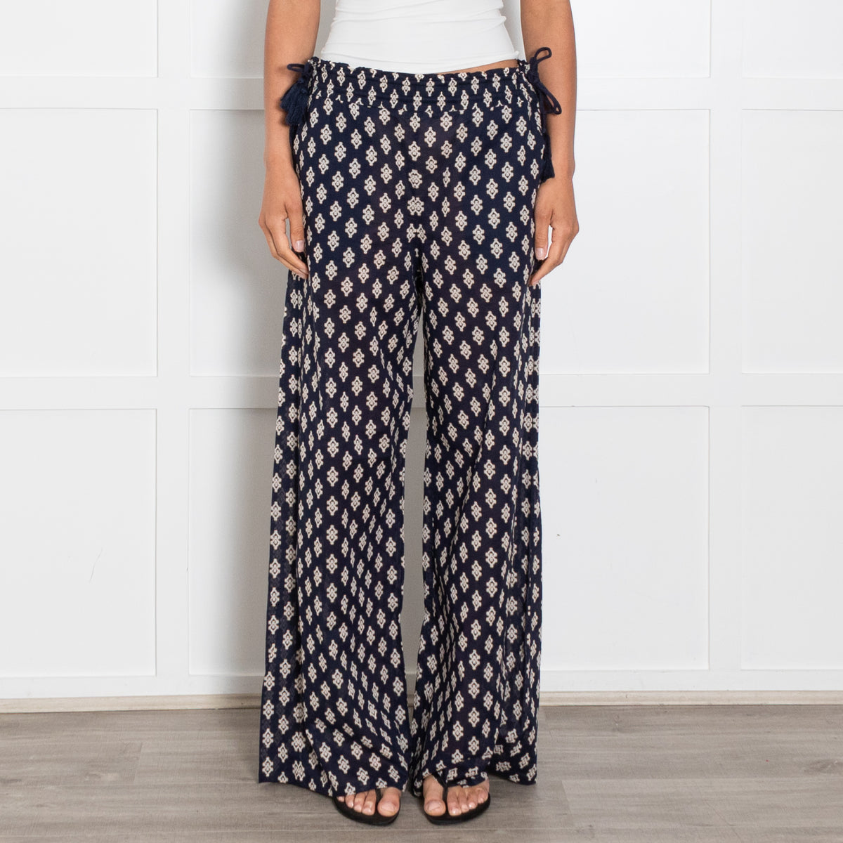 Tory Burch Navy Patterned Drawstring Waist Trousers