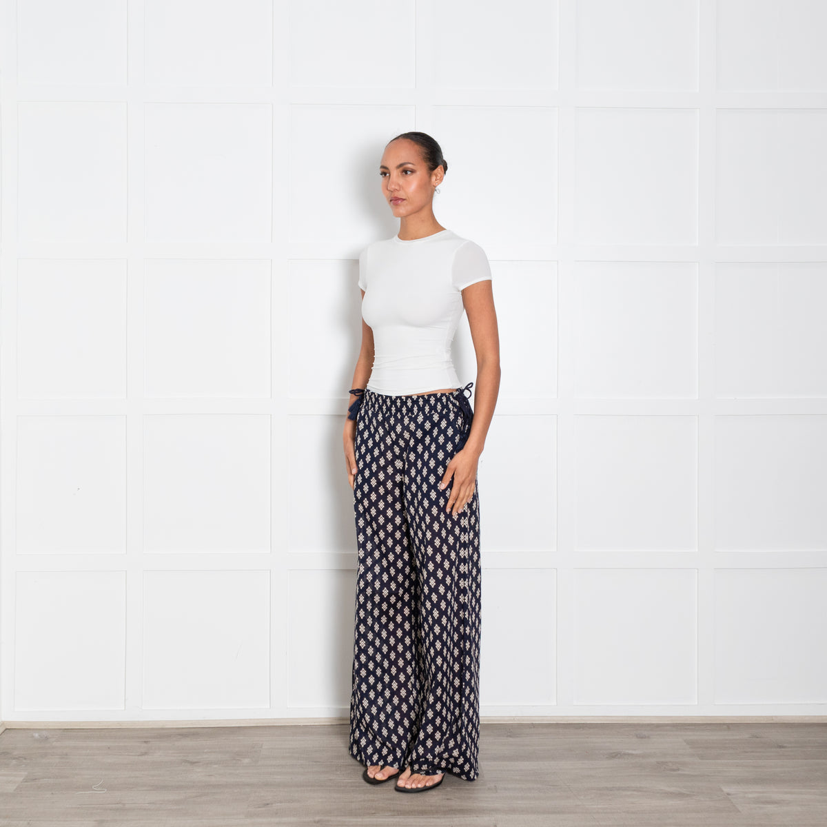 Tory Burch Navy Patterned Drawstring Waist Trousers
