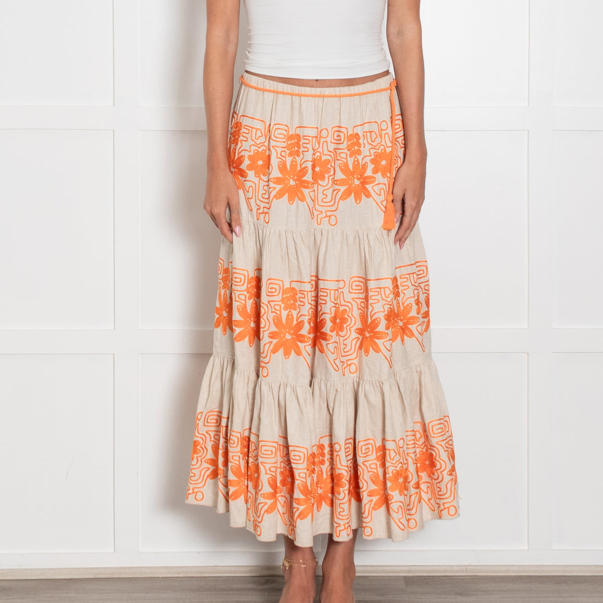 Maje Beige Orange Flower Embroidery Tiered Maxi Skirt