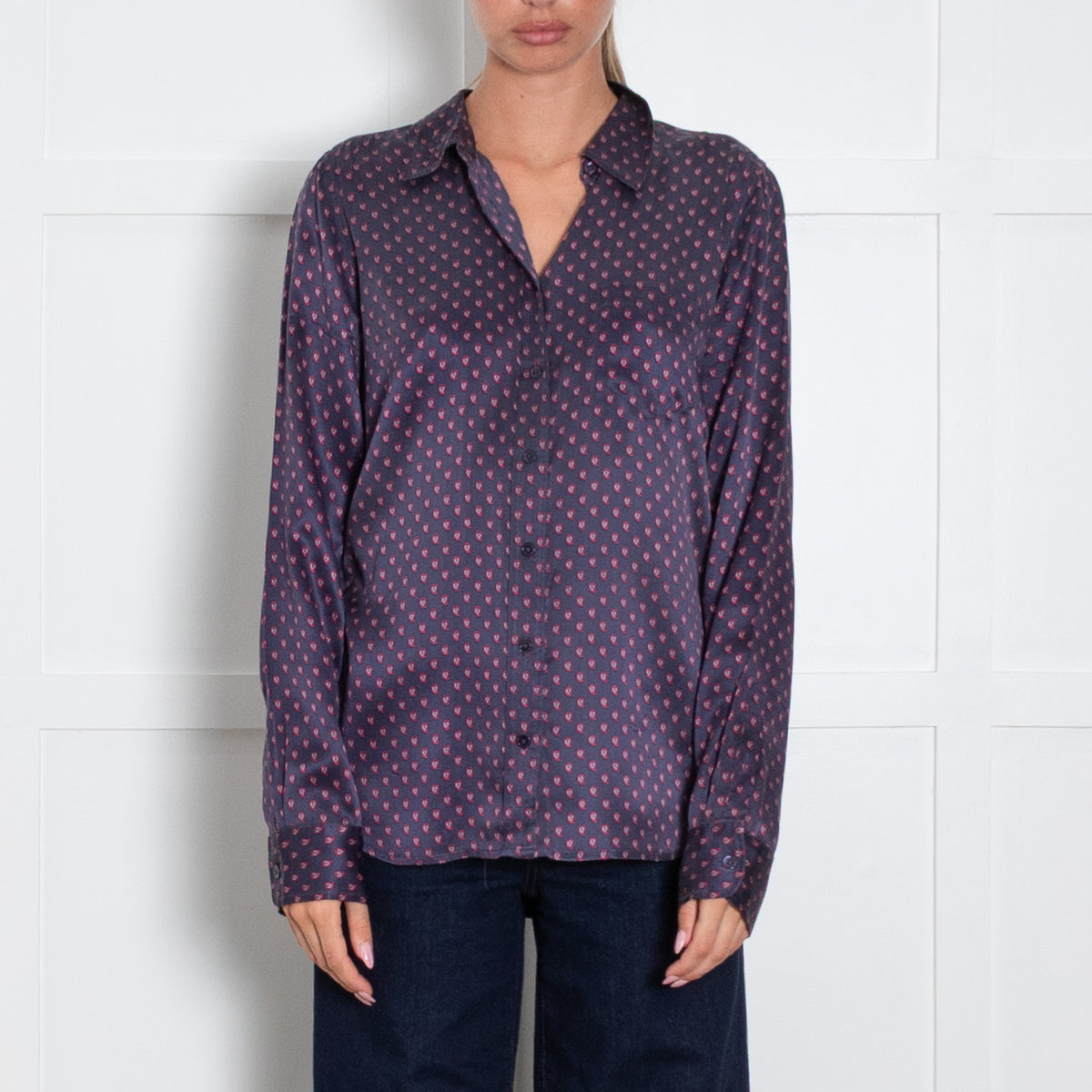 Equipment Navy Blue Pink Paisley Print Silk Blouse