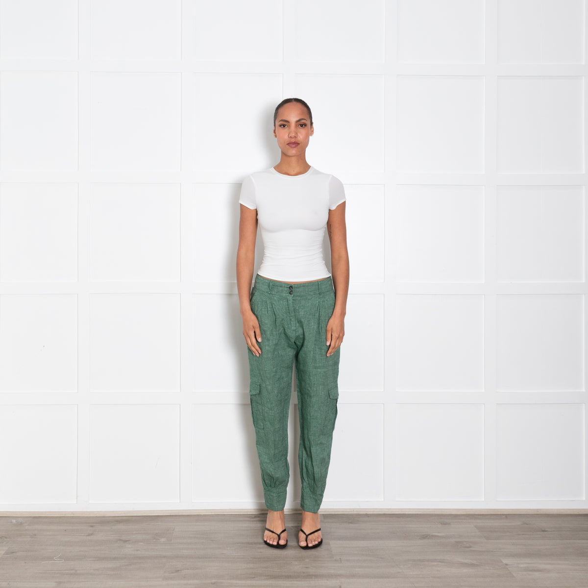Brora Green Textured Linen Trousers With Button Ankle UK 10