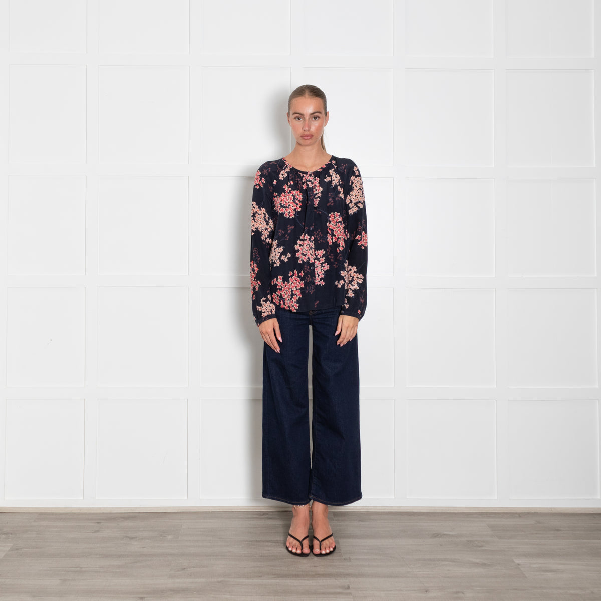Rebecca Taylor Navy Blue Pink Blossom Print Blouse