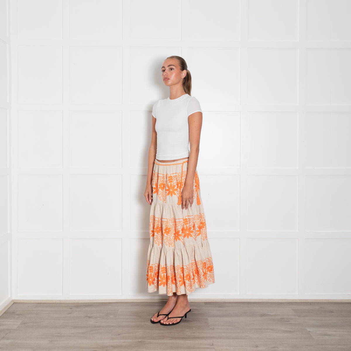 Maje Beige Orange Flower Embroidery Tiered Maxi Skirt