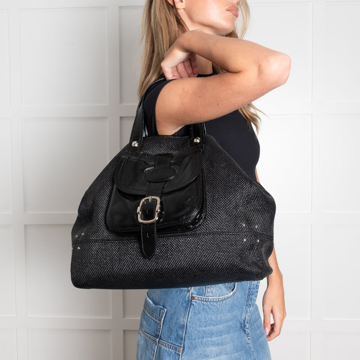 Tod's Black Coated Woven Tote With Buckle