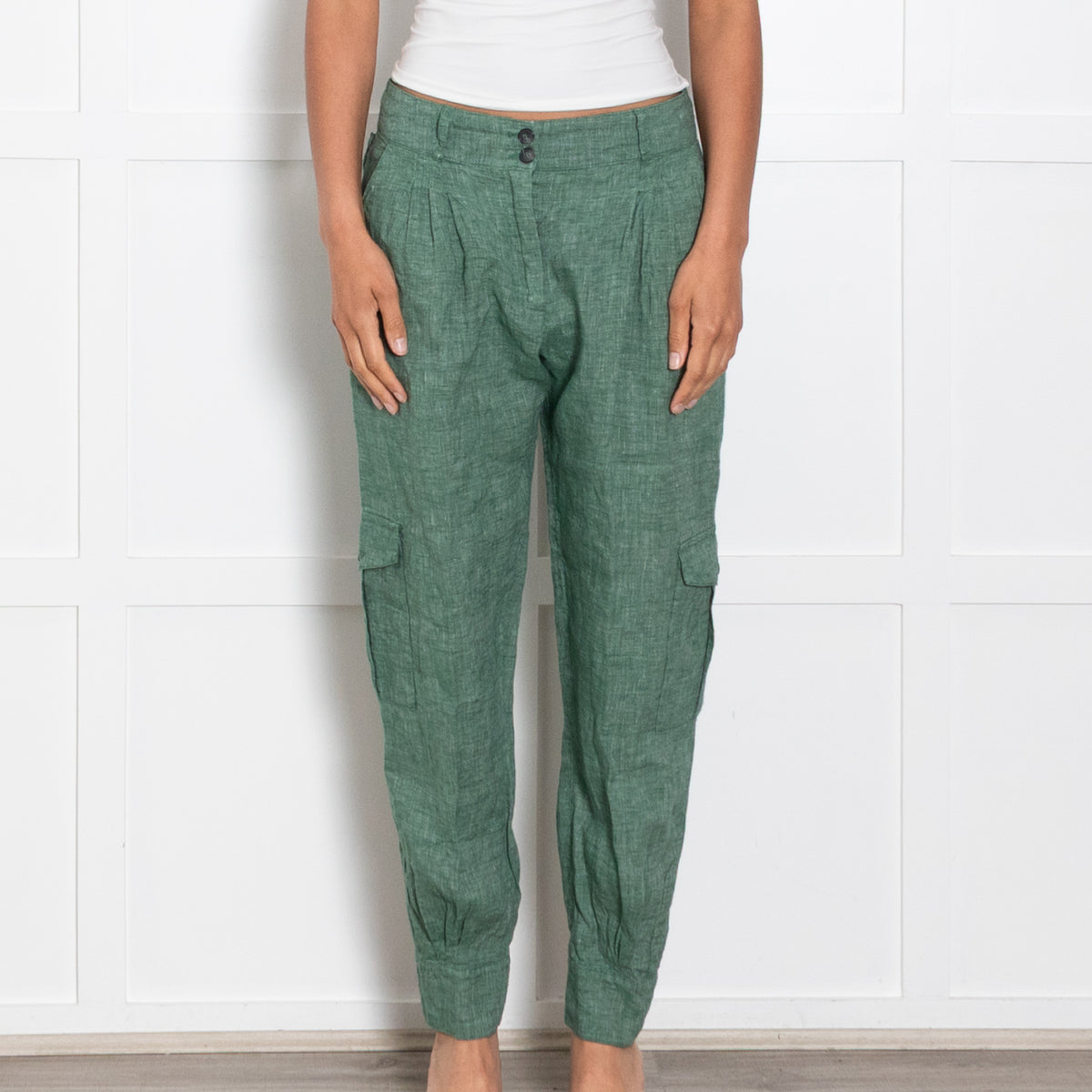 Brora Green Textured Linen Trousers With Button Ankle UK 10