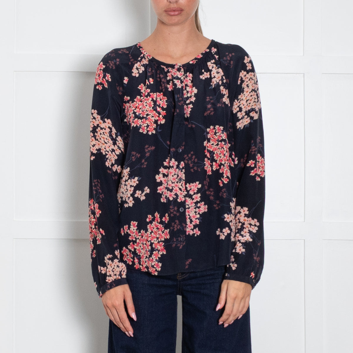 Rebecca Taylor Navy Blue Pink Blossom Print Blouse