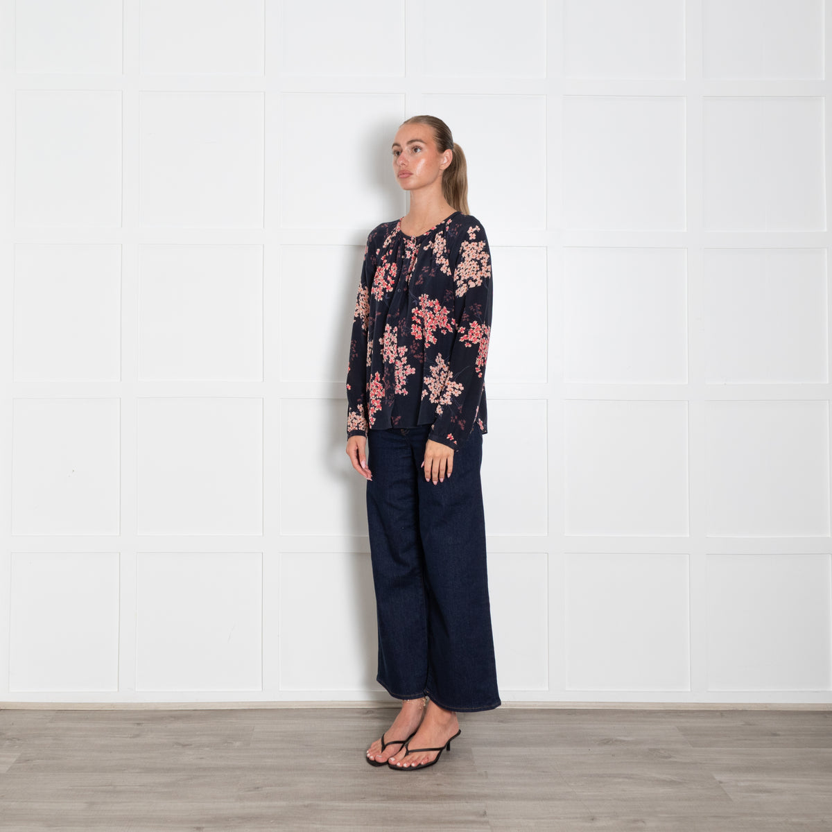 Rebecca Taylor Navy Blue Pink Blossom Print Blouse