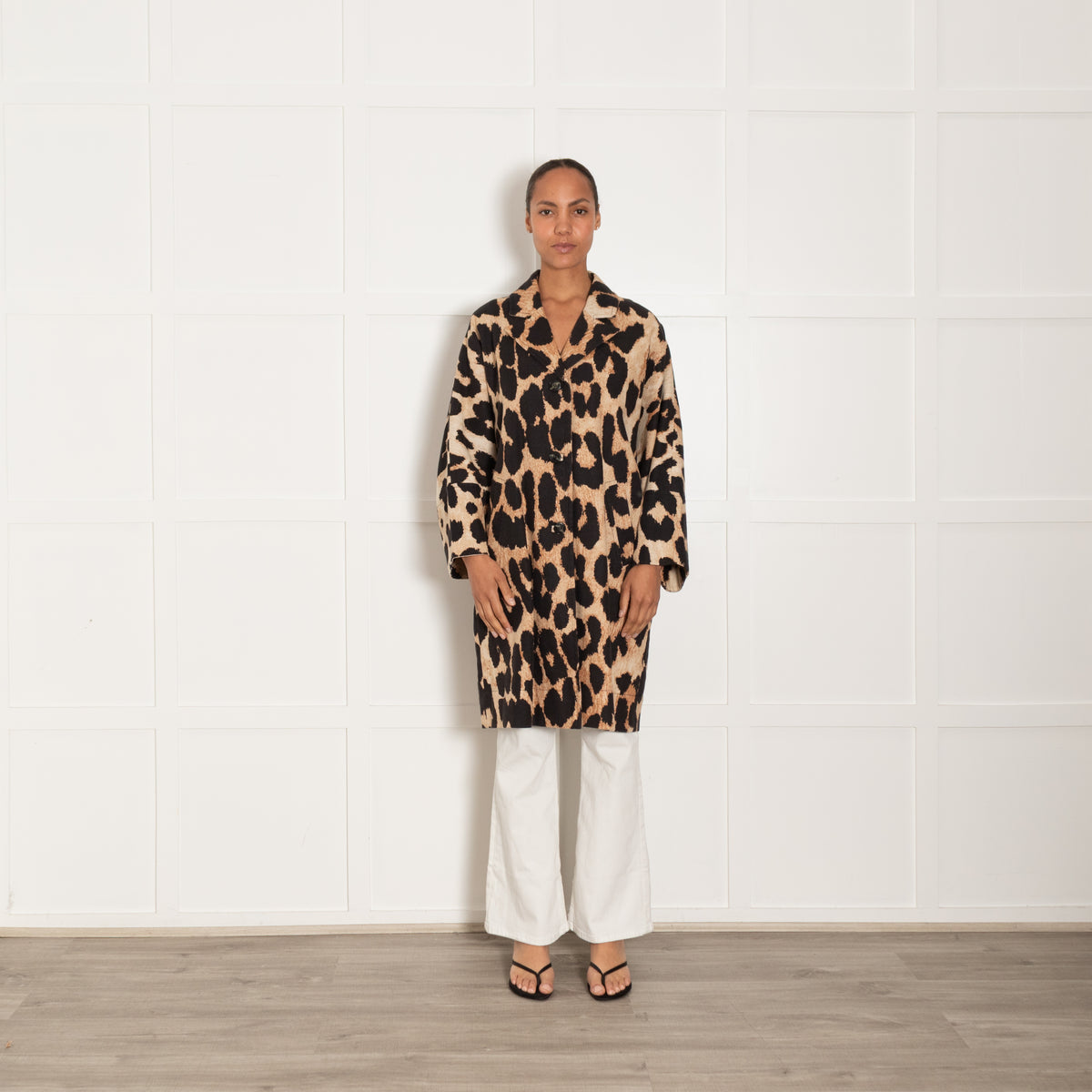 Ganni Brown Linen Leopard Print Coat